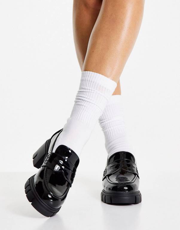 asos design storm chunky mid heeled loafers in black patent