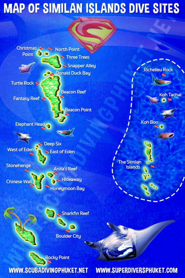 Map of Similan Islands Dive Sites! Shows all Similans scuba diving spots.