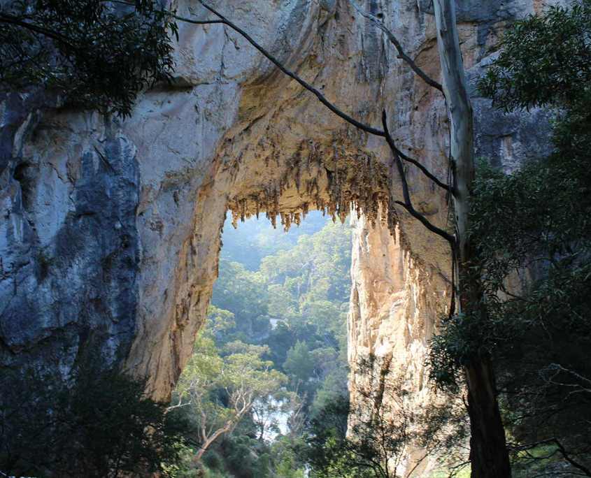 This is a photo of the Carlotta Arch at Jenolan Caves which is at the begining or end of the Six Foot Track
