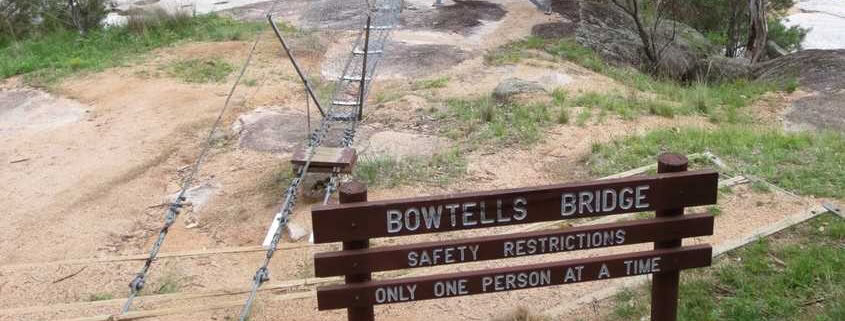 The sign as you reach Bowtells Swing Bridge on the Six Foot Track