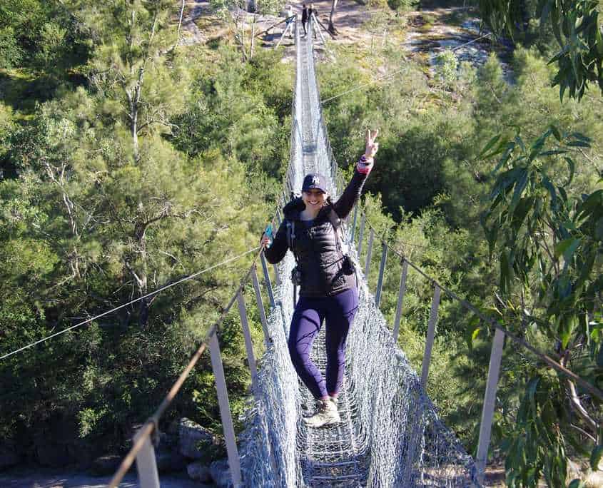 Crossing Bowtells Swing Bridge on the Six Foot Track