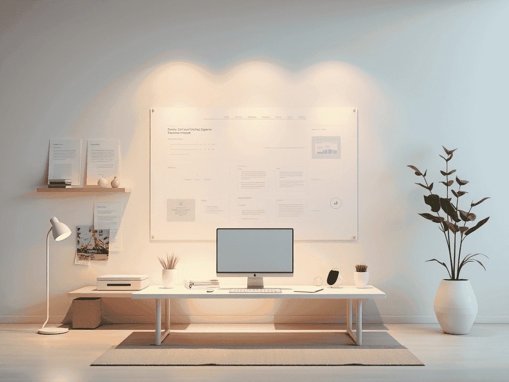 Designing Calm Cognitive Systems for Productivity Calm cognitive systems workspace with modern desk setup and greenery for enhanced focus.