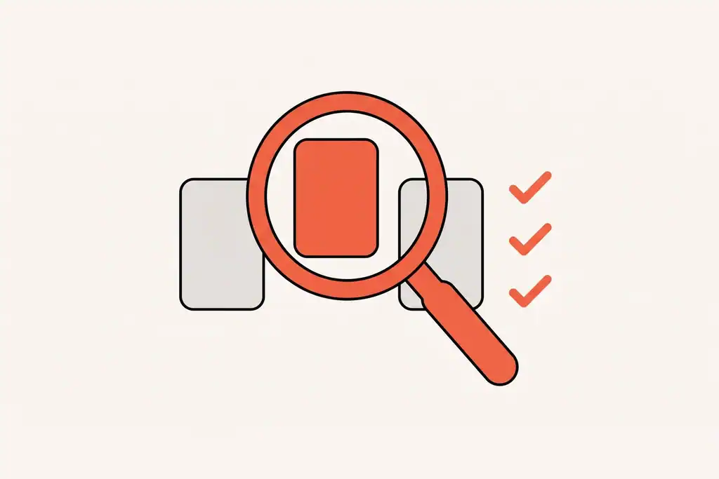 A magnifying glass inspecting the middle of three agency cards, beside a short checklist of ticks