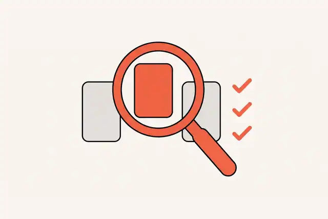 A magnifying glass inspecting the middle of three agency cards, beside a short checklist of ticks