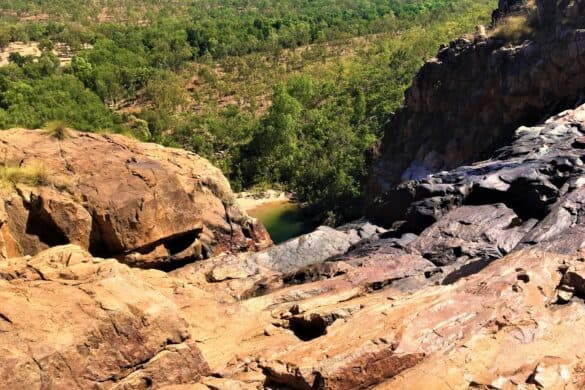 Ausblick von einem braunen Felsen auf grünbewaldete Flächen beim Wandern in Australien