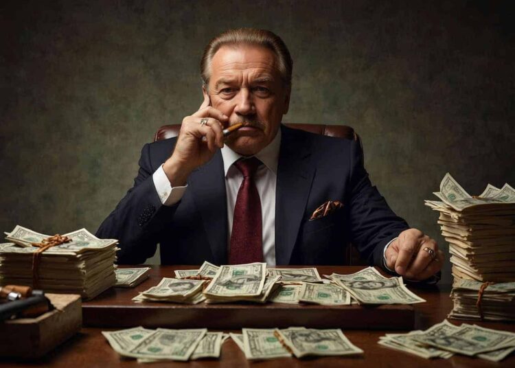 Politician sits at a desk with stacks of money on it