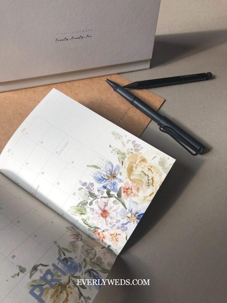 Creative wedding gift ideas featuring a floral calendar and elegant stationery perfect for couples of any age and budget