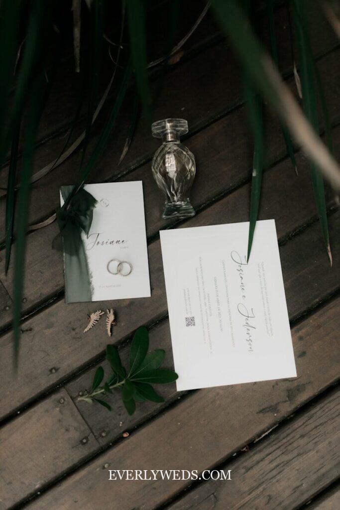 Elegant wedding save the date cards with rings and perfume bottle - unique save the date ideas
