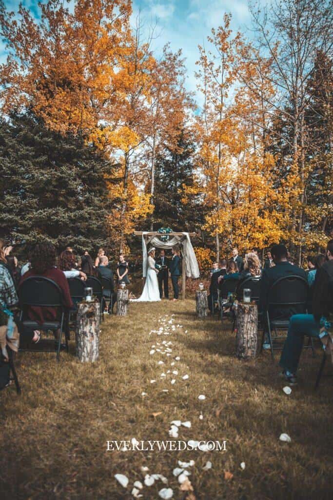 wedding ceremony beside fall trees during daytime