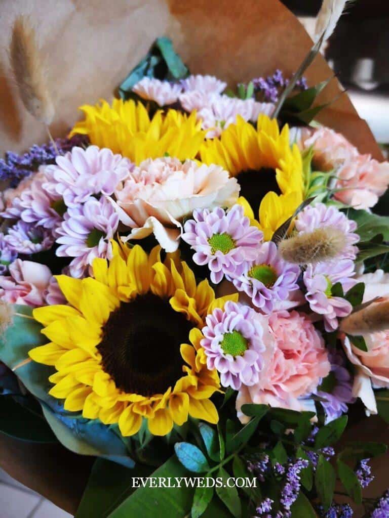 diy sunflower wedding bouquet fake flowers with eucalyptus and white accent blooms