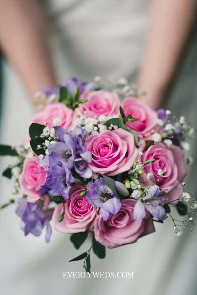 diy wedding bouquet fake flowers purple lavender lilac with greenery and white accents