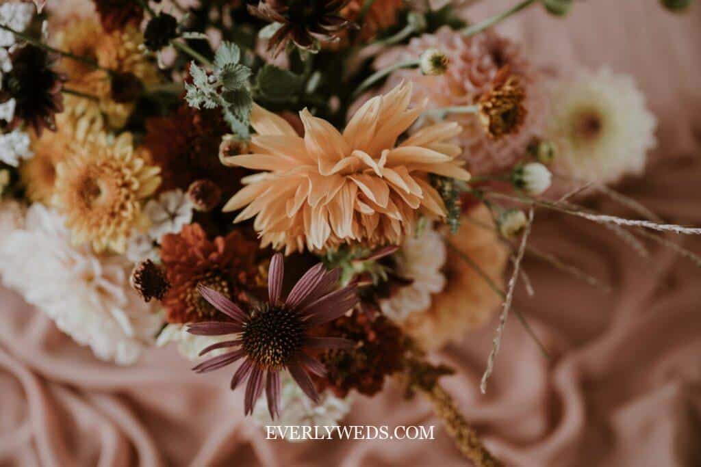 diy wedding bouquet fake flowers fall rustic with sunflowers burgundy dahlias and autumn leaves