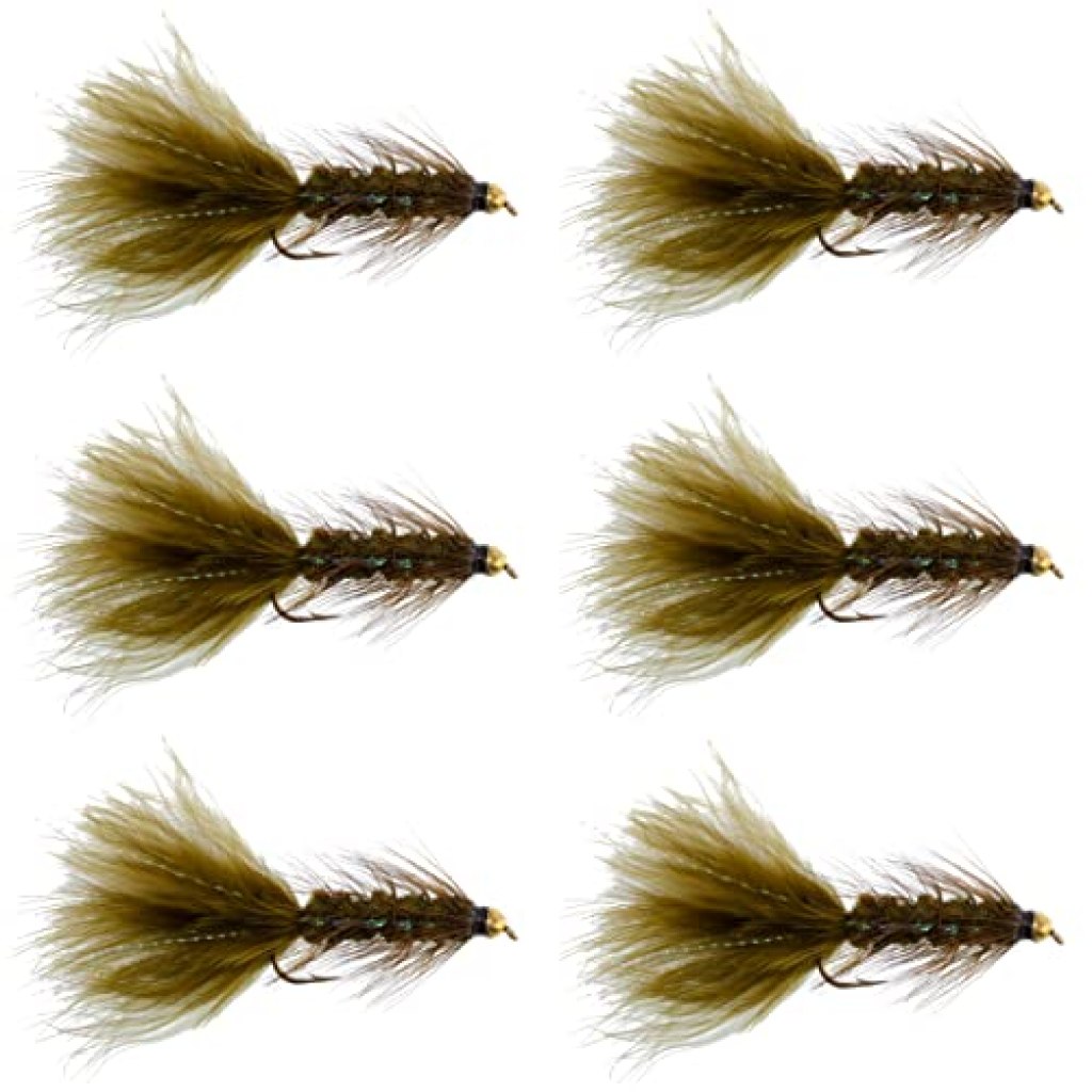 The Fly Fishing Place Dark Olive Bead Head Krystal Woolly Bugger Classic Streamer Flies – Set of 6 Trout Fly Fishing Flies – Hook Size 8 Image