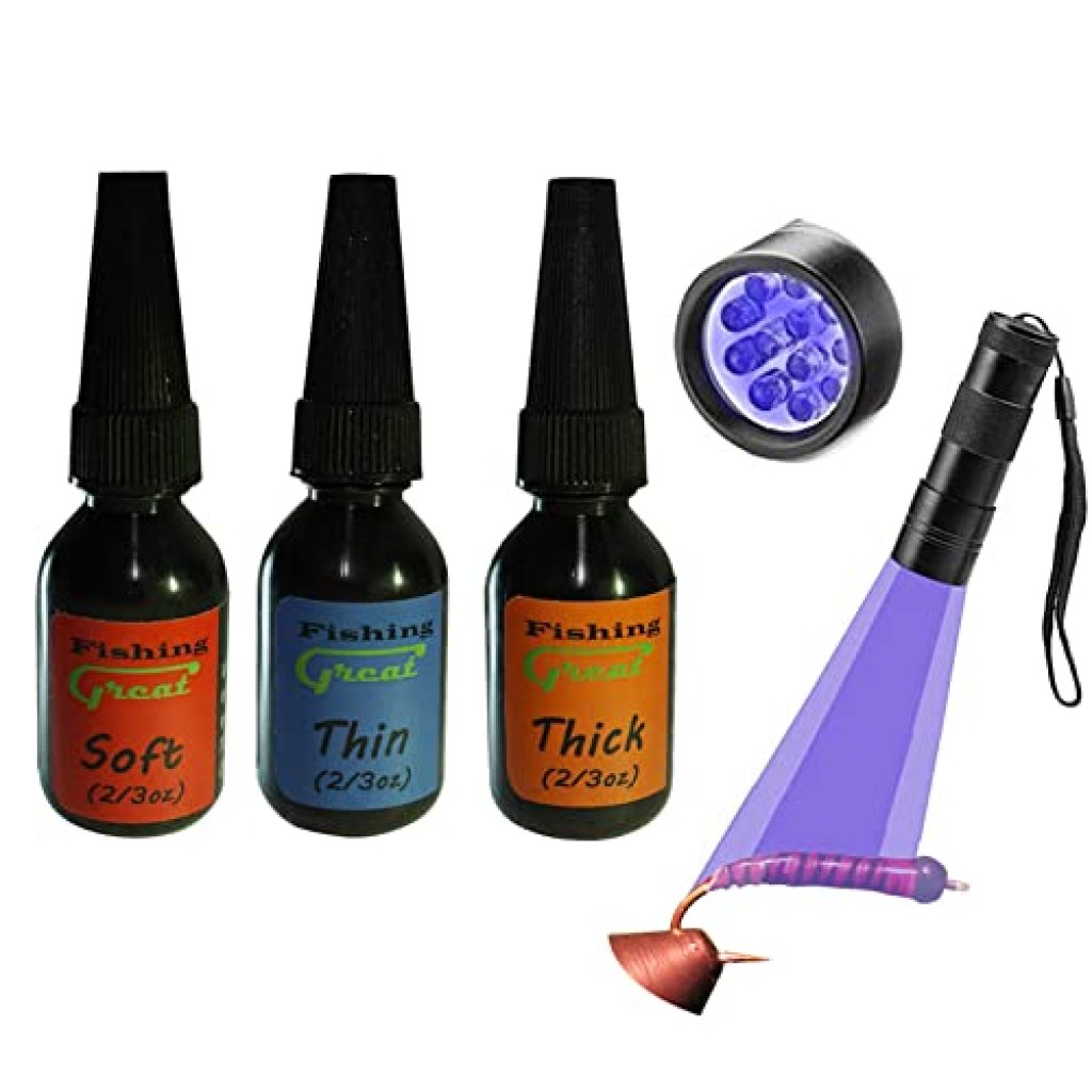 Greatfishing Fly Tying UV Clear Glue and Power Light Combo Three Bottles Thick Thin and Soft +12 LED Light for Building Flies Heads Bodies Wings and Gluing Eyes Image