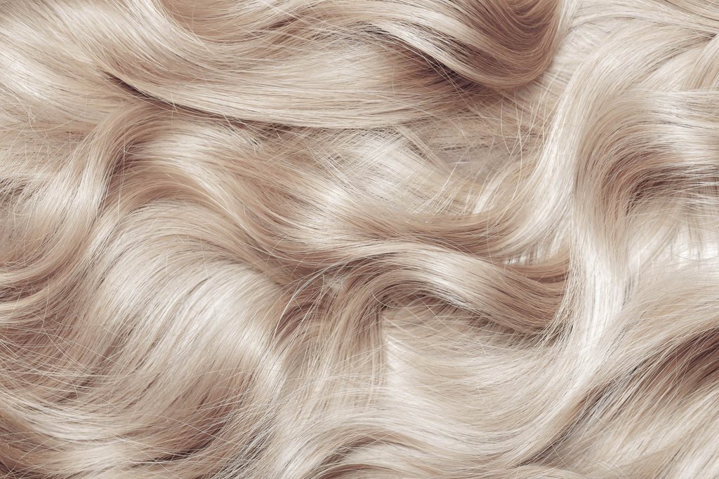 Blond hair close-up as a background. Women's long blonde hair. Beautifully styled wavy shiny curls. Hair coloring. Hairdressing procedures, extension. White hair