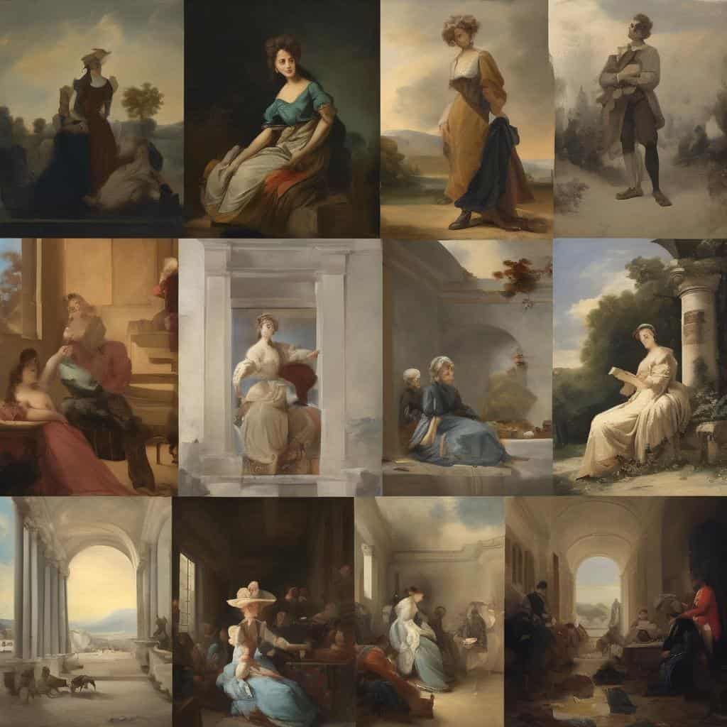 Οικογενειακές σκηνές και μεγάλες μορφές με κλασικό στυλ, αναπαραστάσεις καλλιτεχνικών εποχών, και σημαντικοί δημιουργοί τέχνης στην Ευρώπη.