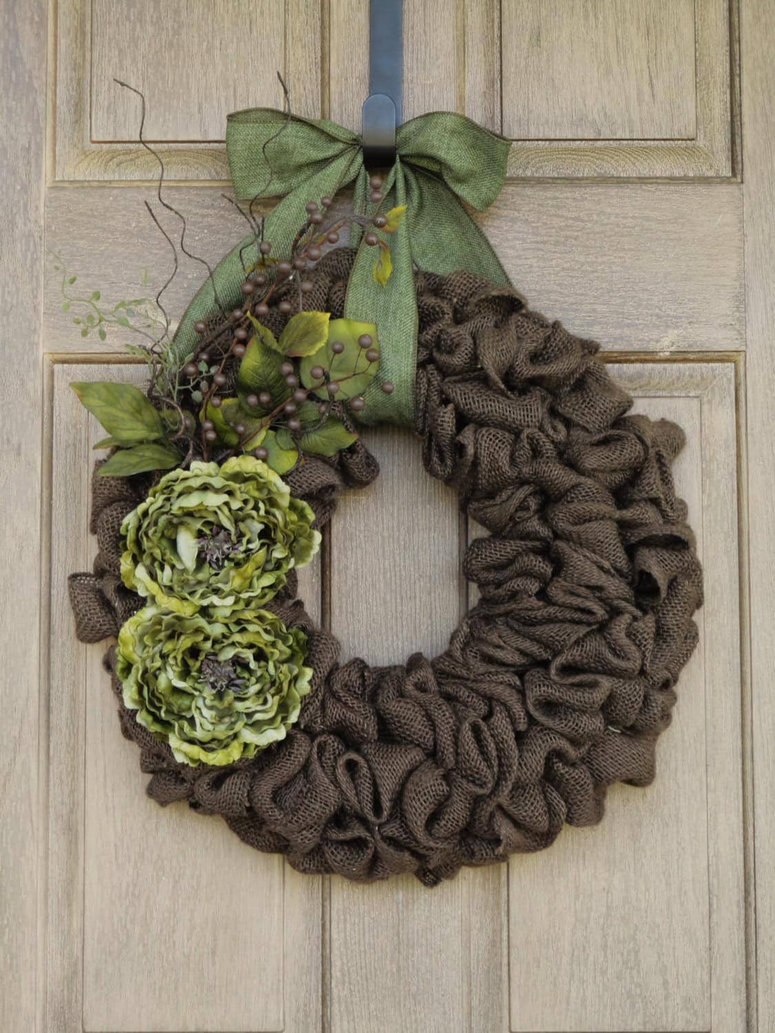 Brown Burlap Wreath with Green Peony flowers Buy it here: www.etsy.com
