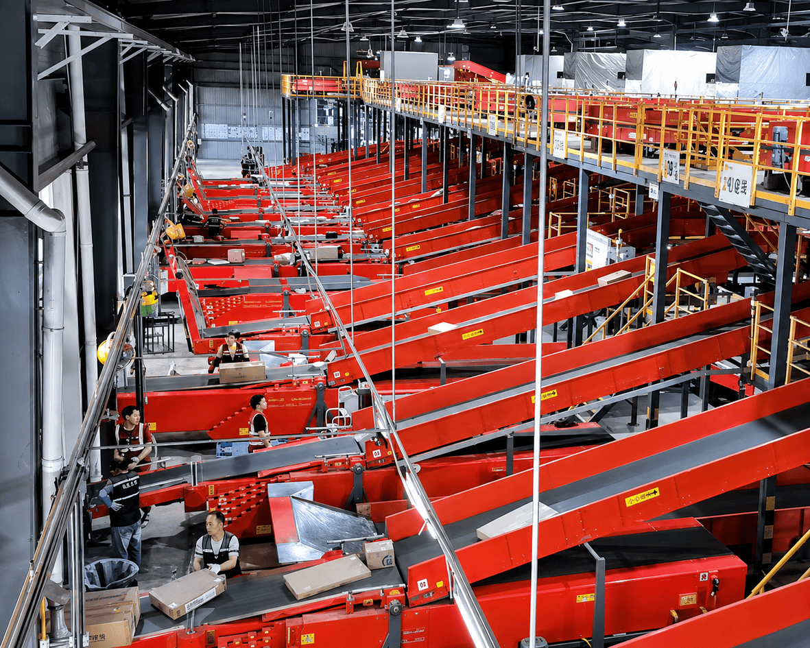 Multiple telescopic belt conveyors integrated with a parcel sortation line