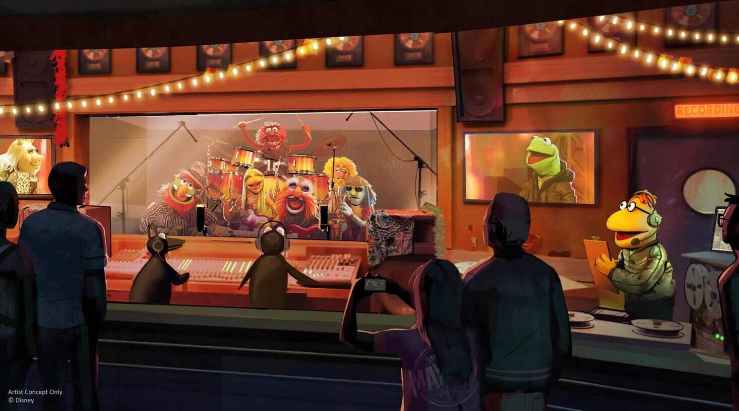 Muppets characters in recording studio room