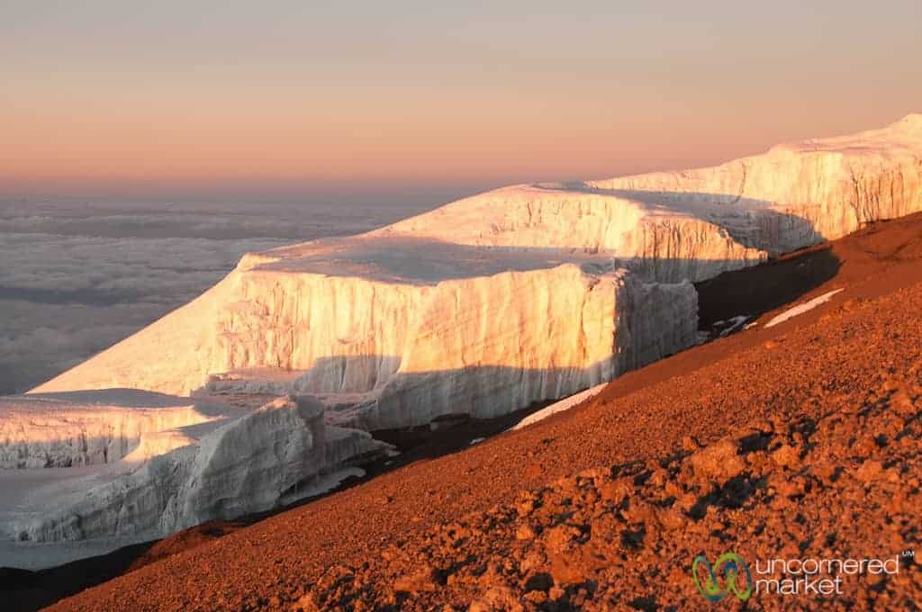 Climbing Kilimanjaro, Glaciers at the top at sunrise