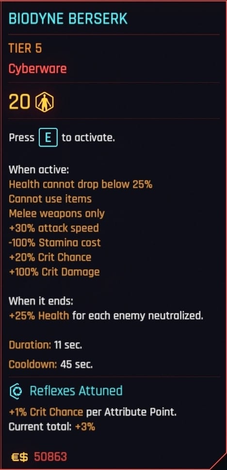 Cyberpunk 2077 업데이트 2.0 운영 체제 Cyberware 설명 - Berserk - Biodyne Berserk