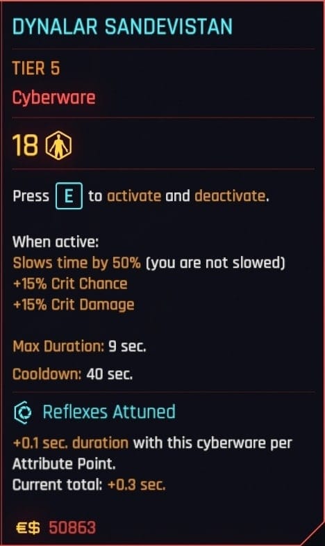 Cyberpunk 2077 업데이트 2.0 운영 체제 Cyberware 설명 - Sandevistan - Dynalar Sandevistan
