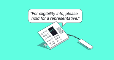 An illustration of a phone with a speech bubble including the words "For eligibility info, please hold for a representative."