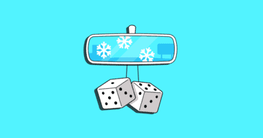 An illustration of a dice charm hanging from the rearview mirror of a car on a blue background.