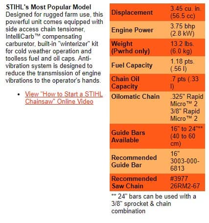 stihl ms 290 specs