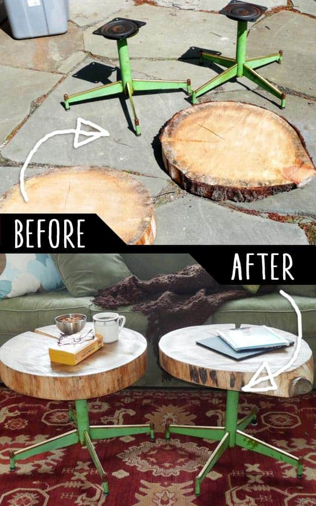 Accent Tables Using Rough Cut Logs And Old Metal Chair Legs