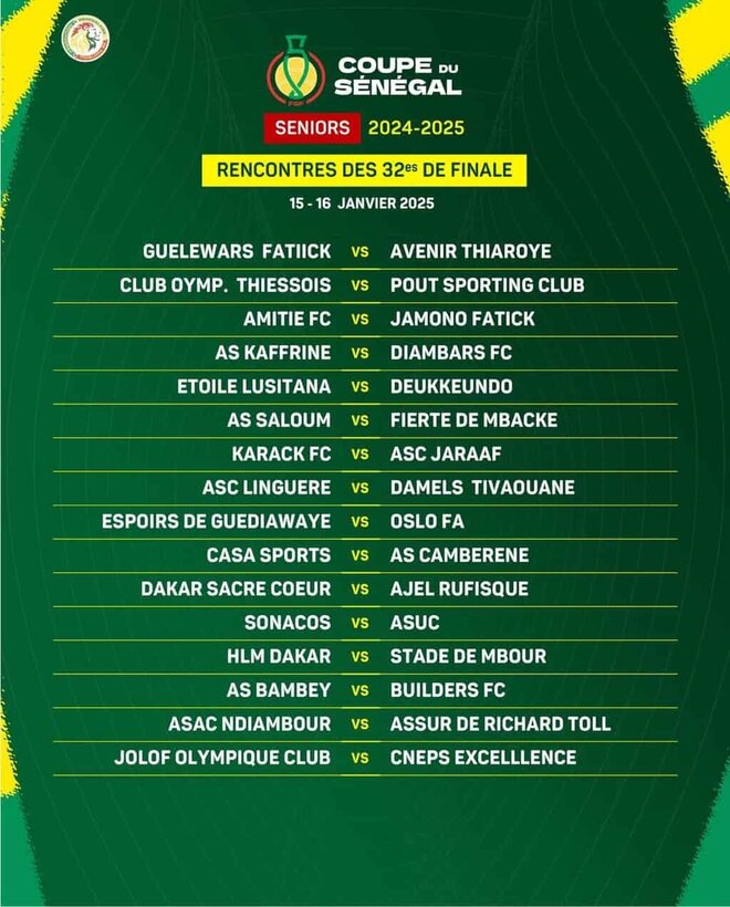 Coupe du Sénégal : Les affiches des 32es de finale dévoilées - wiwsport