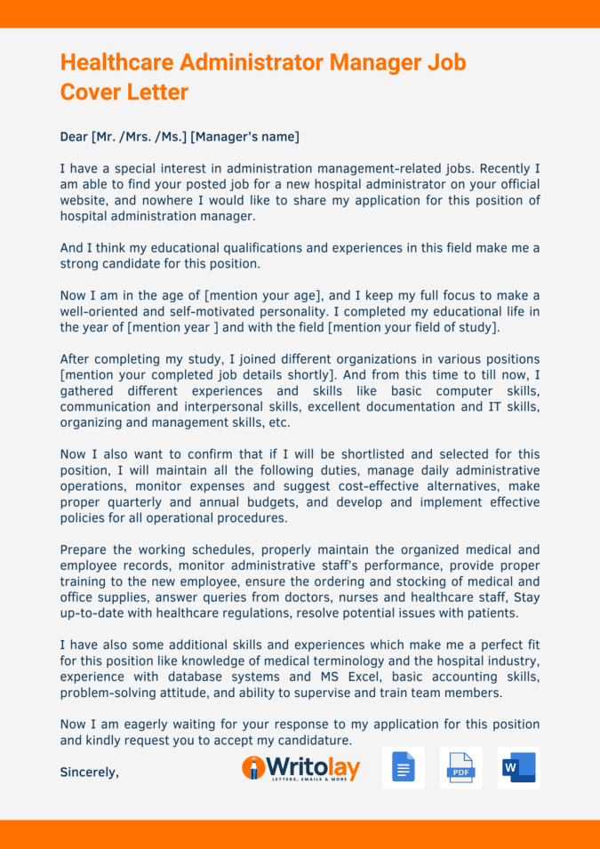 Healthcare Administrator Cover Letter Example: 8 Templates - Writolay, image size:1414x2000