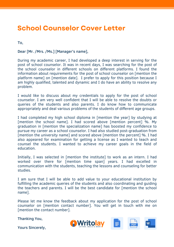 School Counselor Cover Letter: 4 Templates - Writolay, image size:1414x2000