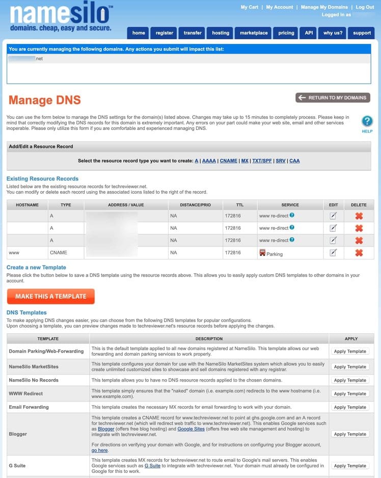 Evidence: Namesilo Manage DNS
