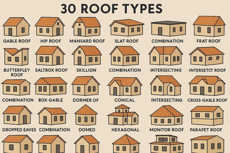 Illustrated chart showing 30 types of roofs for homes, including gable, hip, mansard, flat, gambrel, pyramid, curved, and more residential roof styles.