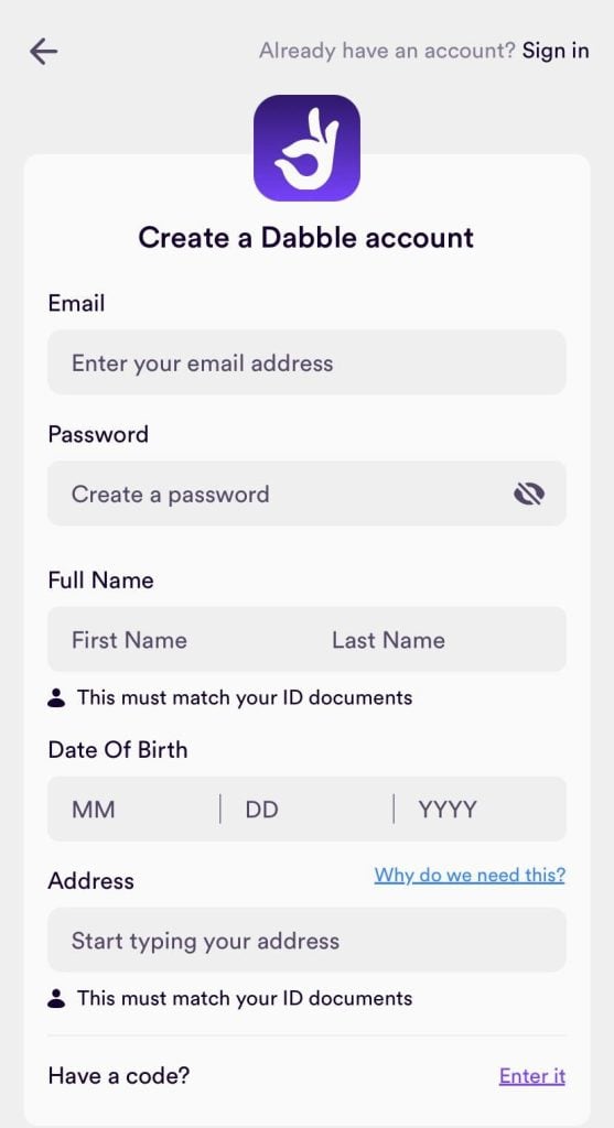 Creating an account and using the Dabble Promo Code: dabble dfs app screenshot