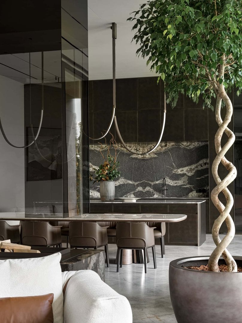 Designer kitchen with marble backsplash and tree planter adjacent to dining area.