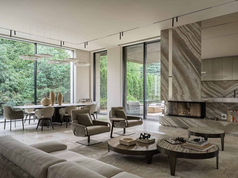 Bright Villa Kyoto by Ekaterina Yakovenko – lounge with stone fireplace wall, Russia