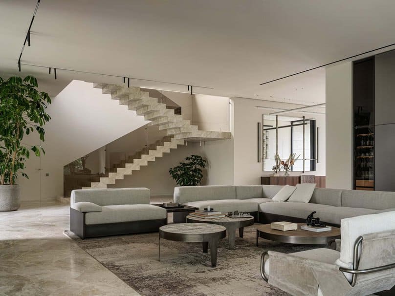 Bright Villa Kyoto by Ekaterina Yakovenko – floating marble staircase, Russia