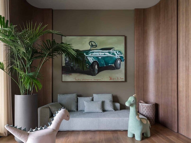 Bright Villa Kyoto by Ekaterina Yakovenko – kids room with wall art and sofa, Russia