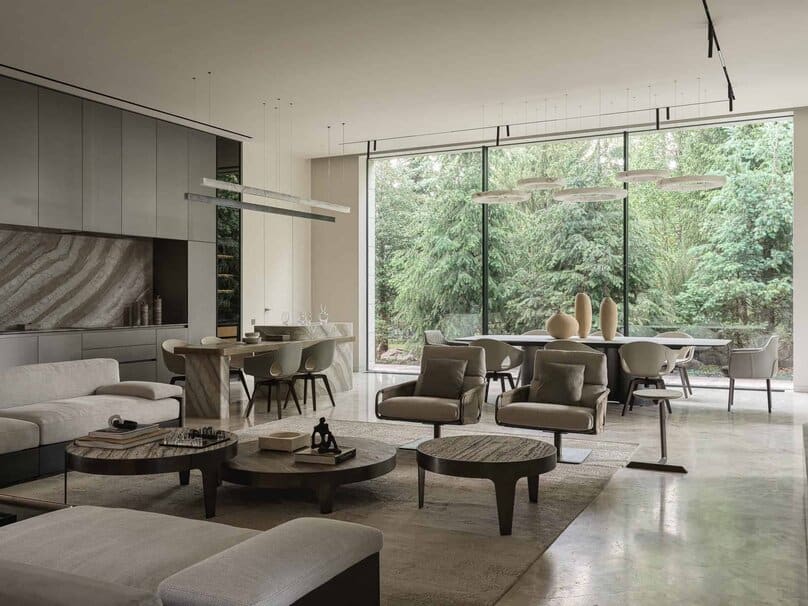 Bright Villa Kyoto by Ekaterina Yakovenko – kitchen and dining with stone island, Russia