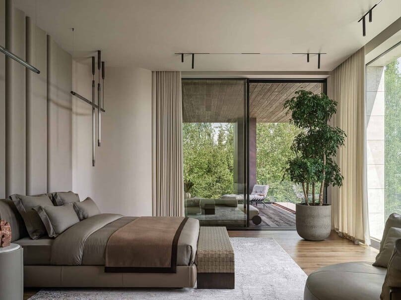 Bright Villa Kyoto by Ekaterina Yakovenko – primary bedroom with balcony view, Russia