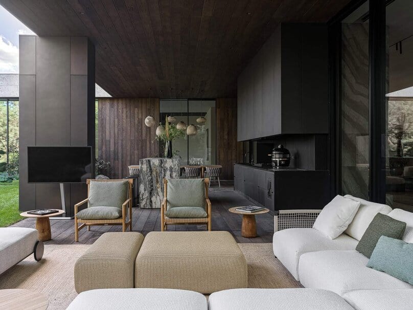Bright Villa Kyoto modern lounge seating front view, by Ekaterina Yakovenko