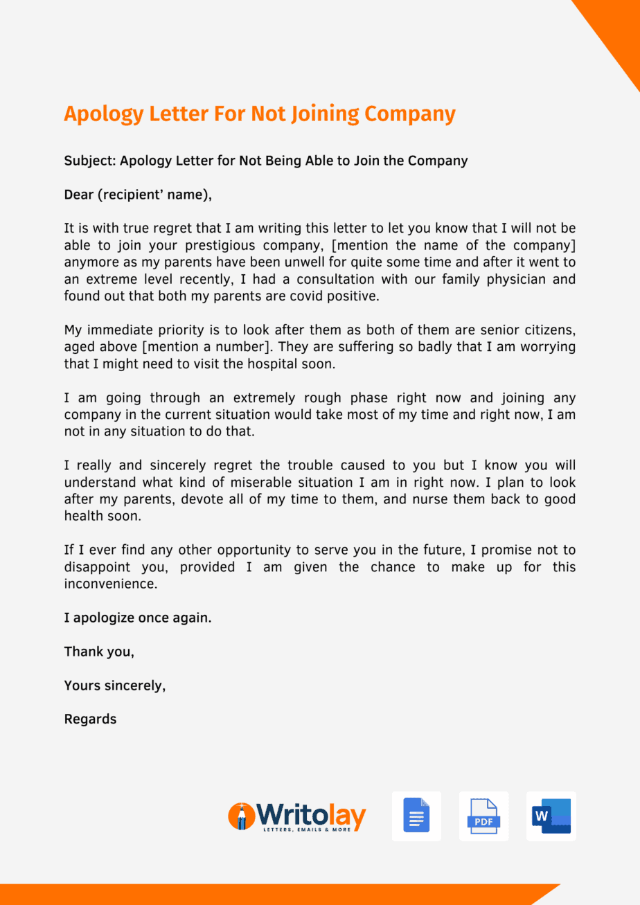 Apology Letter For Not Joining Company: 4 Templates