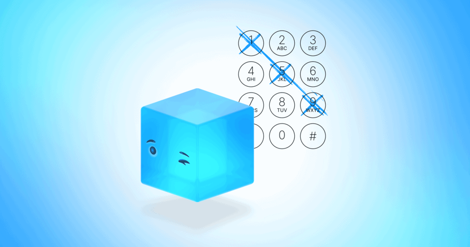 An illustration of a winking blue cube on in front of a phone dialpad with numbers crossed out.