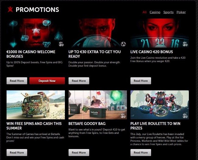 Sekcja promocji Betsafe kasyno z bonusami
