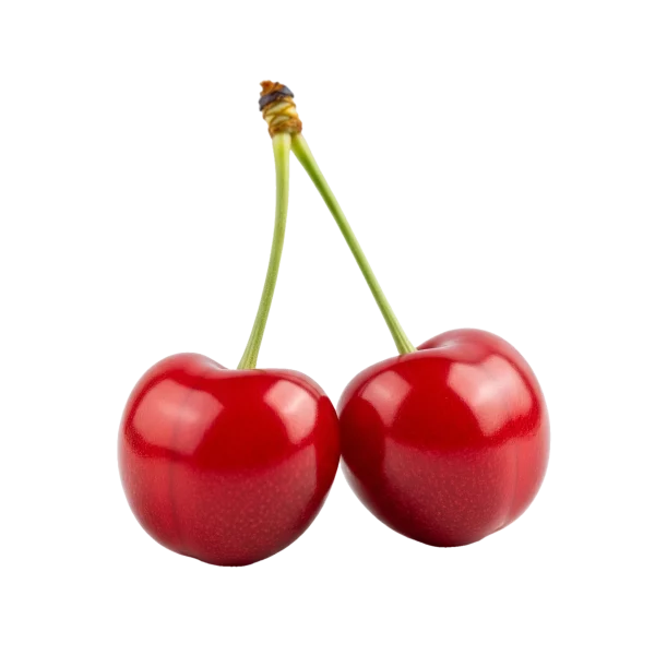 Cerezas rojas frescas y jugosas sobre fondo blanco, resaltando la calidad de productos ecológicos y bio del huerto.