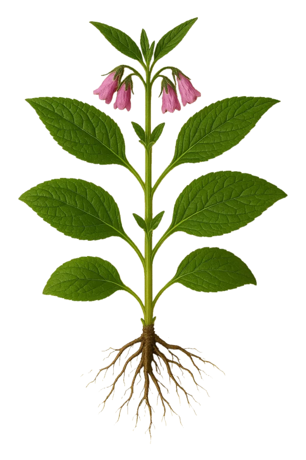 Hierba medicinal con flores rosadas, hojas verdes y raíces visibles, planta de jardín ecológico, cultivo orgánico, saludable y natural, ideal para huertos urbanos y cultivation biodinámica.