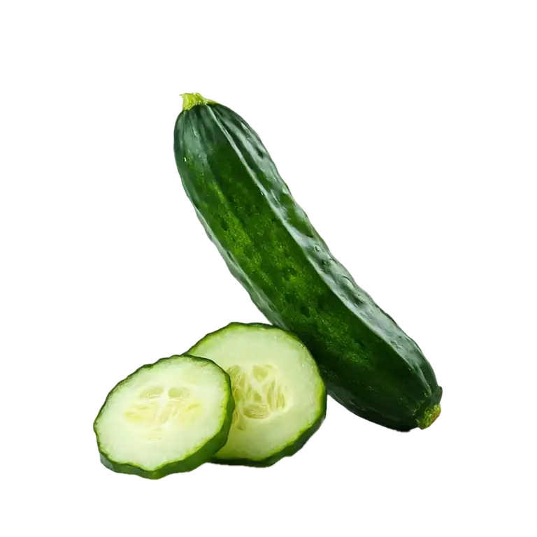 Rodaja de pepino fresco y entero, producto ecológico de huerto.bio, ideal para ensaladas y dietas saludables. Germinados y verduras orgánicas para una alimentación natural.
