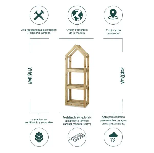 Mueble de jardín de madera ecológica y resistente para huerto urbano y exterior, con estructura sólida y diseño funcional, ideal para cultivos y almacenamiento en espacios verdes sostenibles.